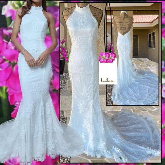 Lulus Glamour White Embroidered Halter Mermaid Maxi Dress Size M NWT - Picture 1 of 15